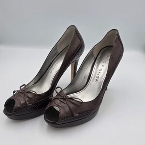 Marc Fisher Women Brown Peep Toe Bow Stiletto 7M Heels Platform Dress Shoes‎